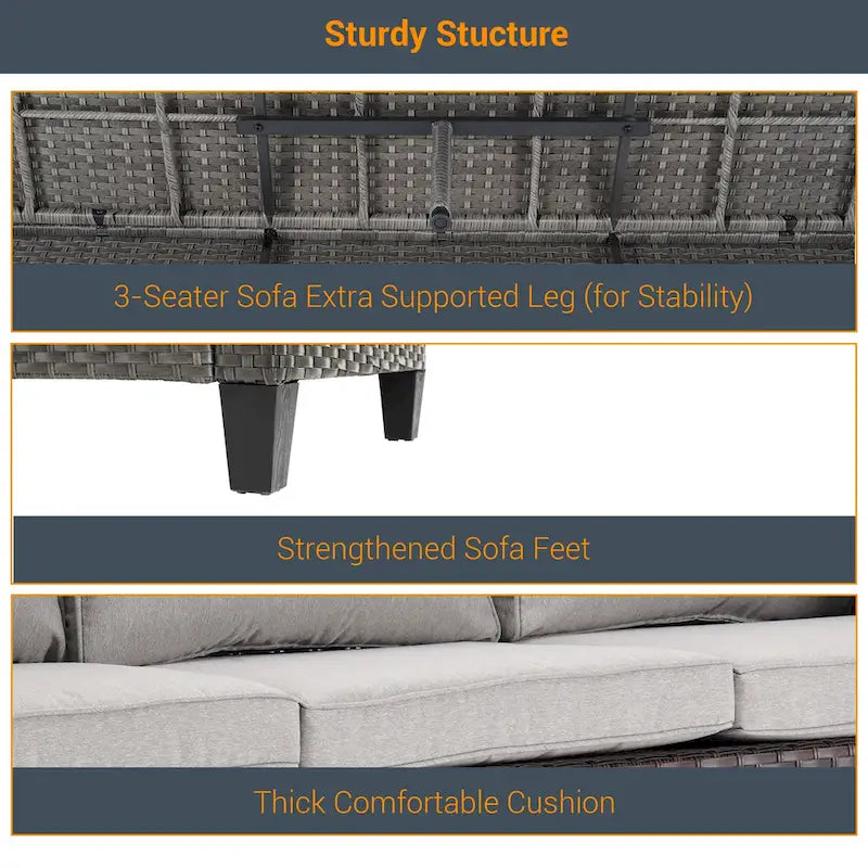 LIVOOSUN Ensemble de canapés de patio 9 pièces en rotin PE gris avec poufs et table