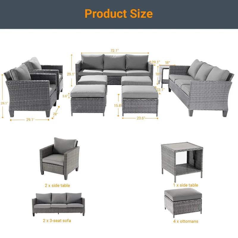 LIVOOSUN Ensemble de canapés de patio 9 pièces en rotin PE gris avec poufs et table