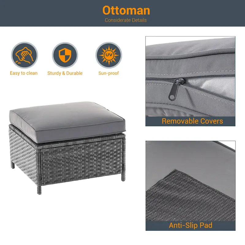 LIVOOSUN Ensemble de canapés de patio 9 pièces en rotin PE gris avec poufs et table