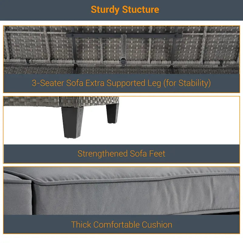 LIVOOSUN Ensemble de canapés de patio 9 pièces en rotin PE gris avec poufs et table