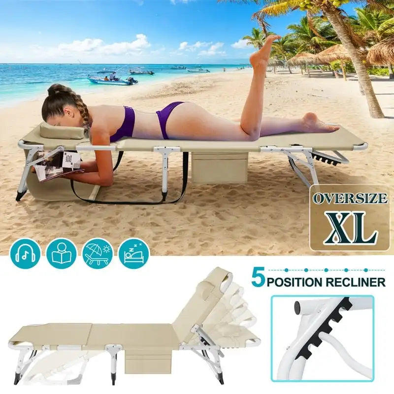 Chaise longue de plage surdimensionnée 3 en 1, 5 positions réglables, pour la plage