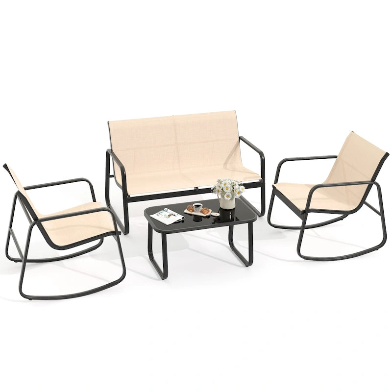 Ensemble de conversation d'extérieur 4 pièces Moasis en textilène avec table en verre