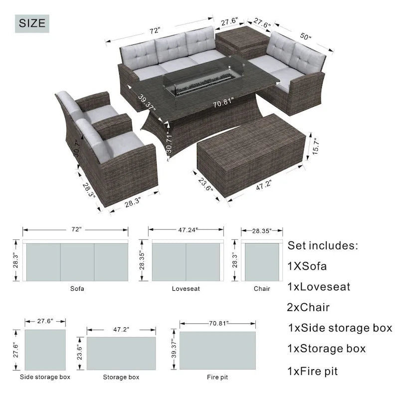 Ensemble de canapés de jardin en osier 7 pièces Abrihome avec table brasero