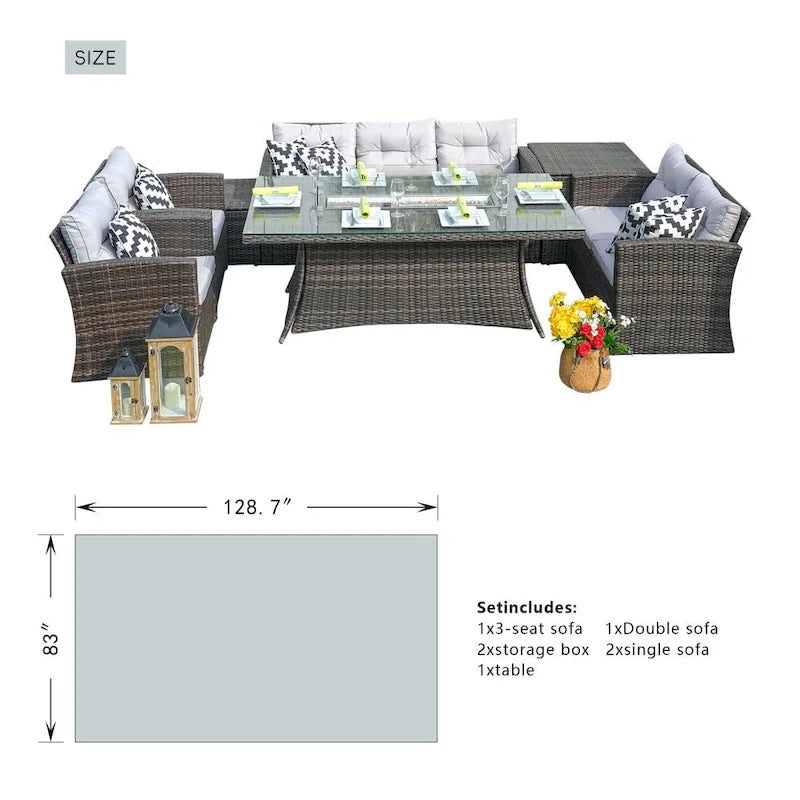 Ensemble de canapés de jardin en osier 7 pièces Abrihome avec table brasero