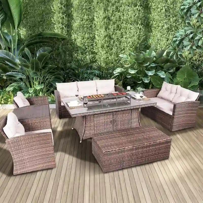 Ensemble de canapés de jardin en osier 7 pièces Abrihome avec table brasero