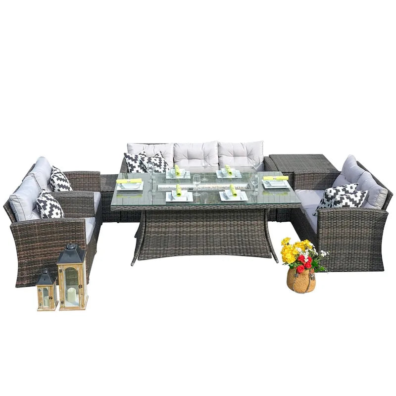 Ensemble de canapés de jardin en osier 7 pièces Abrihome avec table brasero