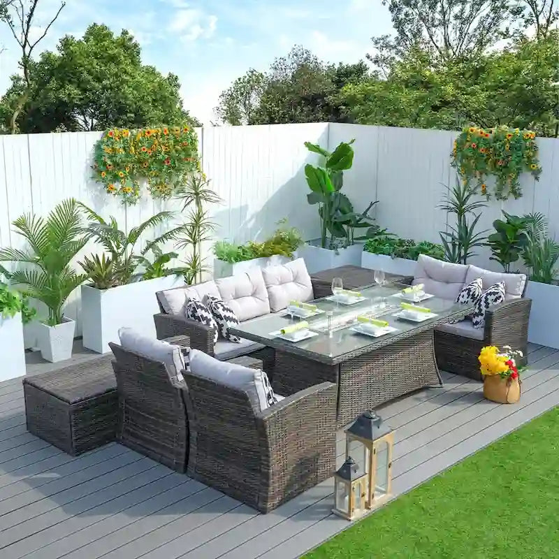 Ensemble de canapés de jardin en osier 7 pièces Abrihome avec table brasero