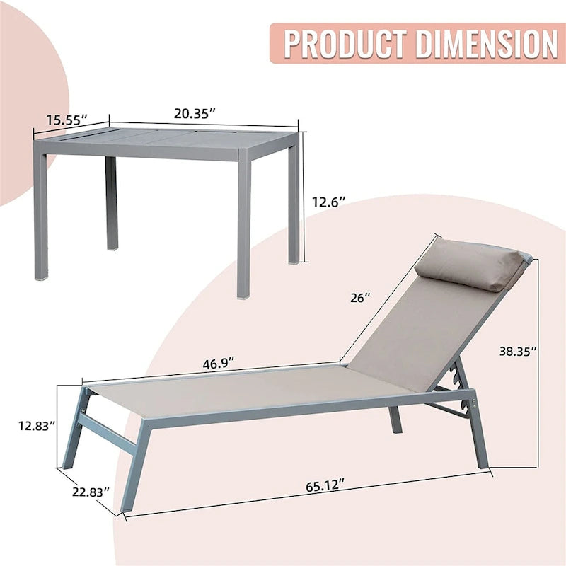 3 chaises longues de piscine réglables en aluminium