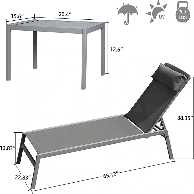 3 chaises longues de piscine réglables en aluminium