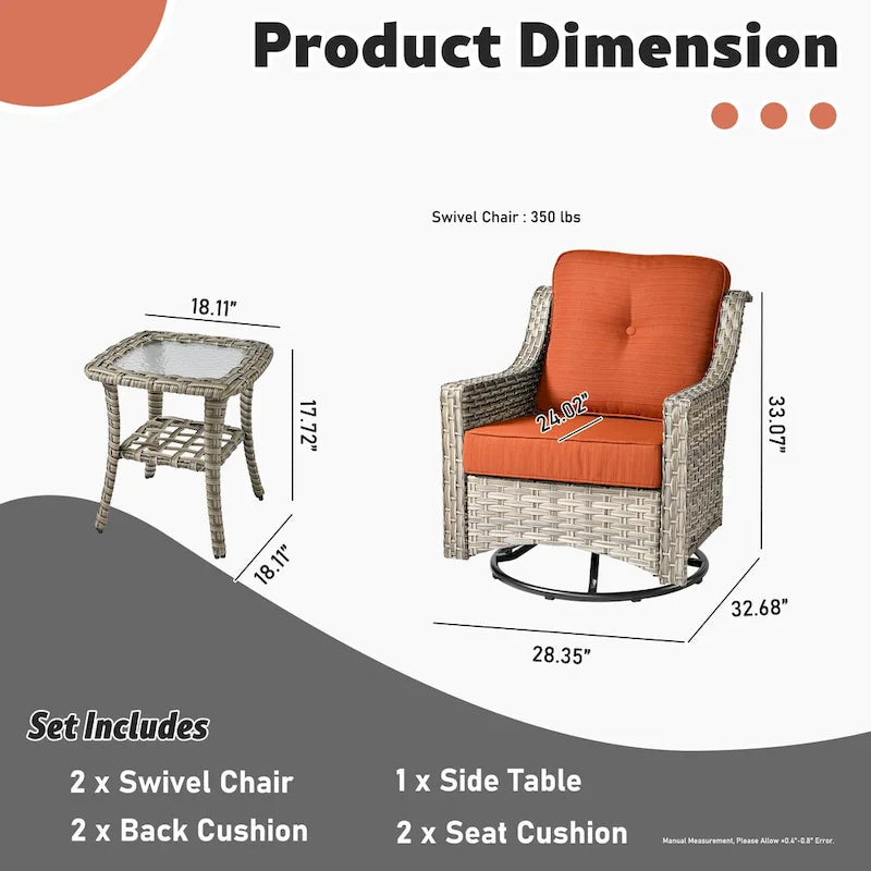 XIZZI Ensemble de bistro 3 pièces, fauteuil à bascule pivotant en rotin, mobilier d'extérieur