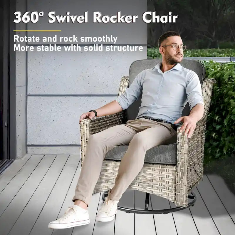 XIZZI Ensemble de bistro 3 pièces, fauteuil à bascule pivotant en rotin, mobilier d'extérieur