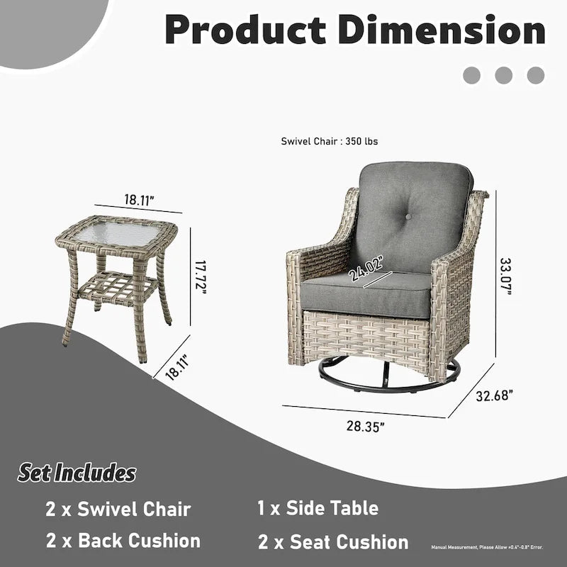 XIZZI Ensemble de bistro 3 pièces, fauteuil à bascule pivotant en rotin, mobilier d'extérieur