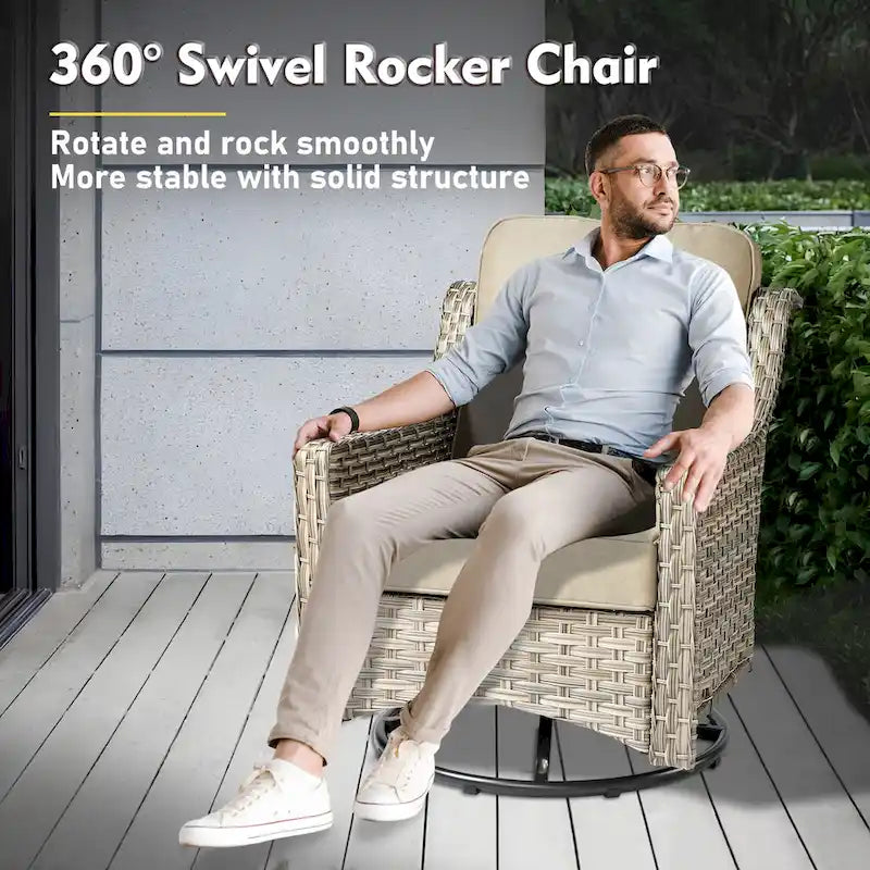 XIZZI Ensemble de bistro 3 pièces, fauteuil à bascule pivotant en rotin, mobilier d'extérieur
