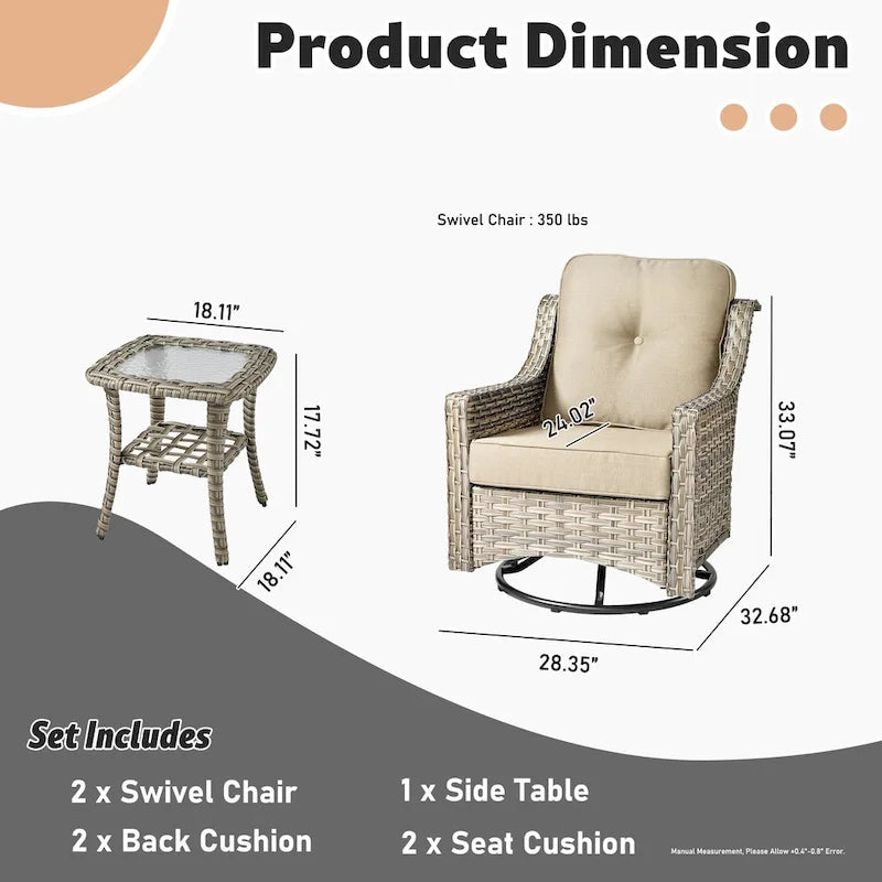 XIZZI Ensemble de bistro 3 pièces, fauteuil à bascule pivotant en rotin, mobilier d'extérieur