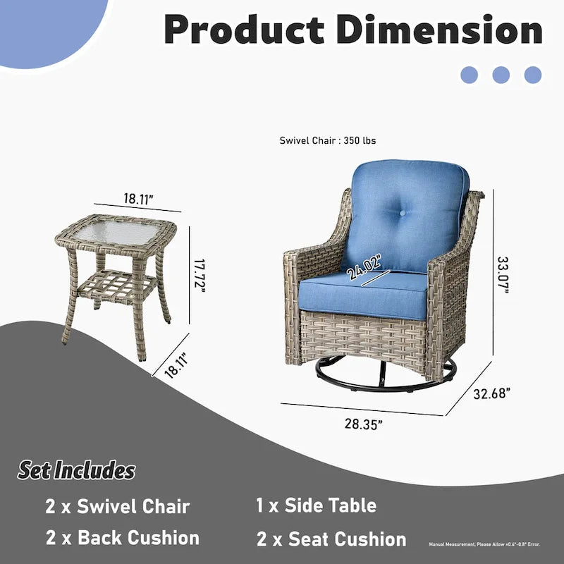 XIZZI Ensemble de bistro 3 pièces, fauteuil à bascule pivotant en rotin, mobilier d'extérieur