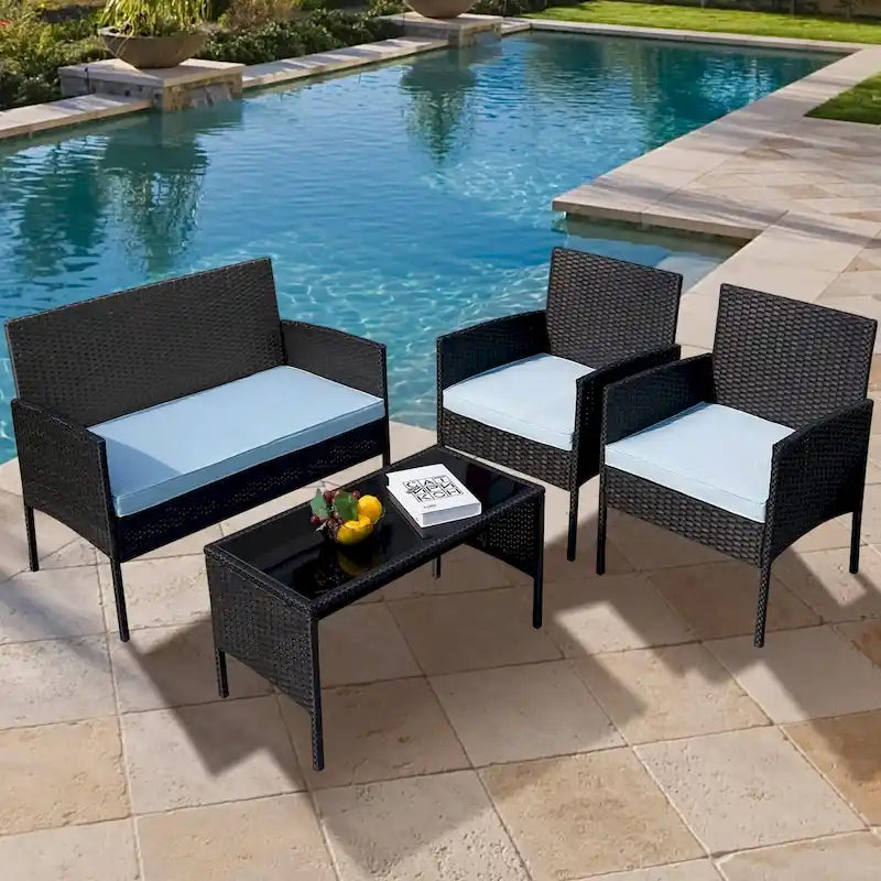 Ensemble de meubles de jardin en osier 4 pièces, salon de jardin en rotin avec coussins pour jardin et terrasse