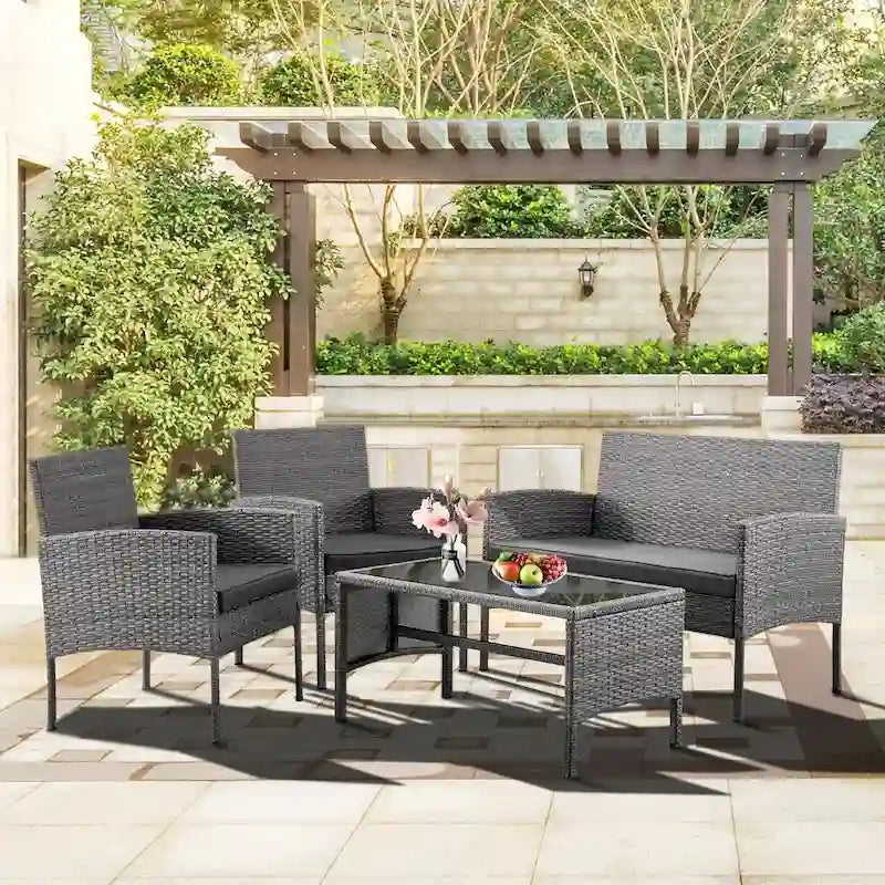 Ensemble de meubles de jardin en osier 4 pièces, salon de jardin en rotin avec coussins pour jardin et terrasse