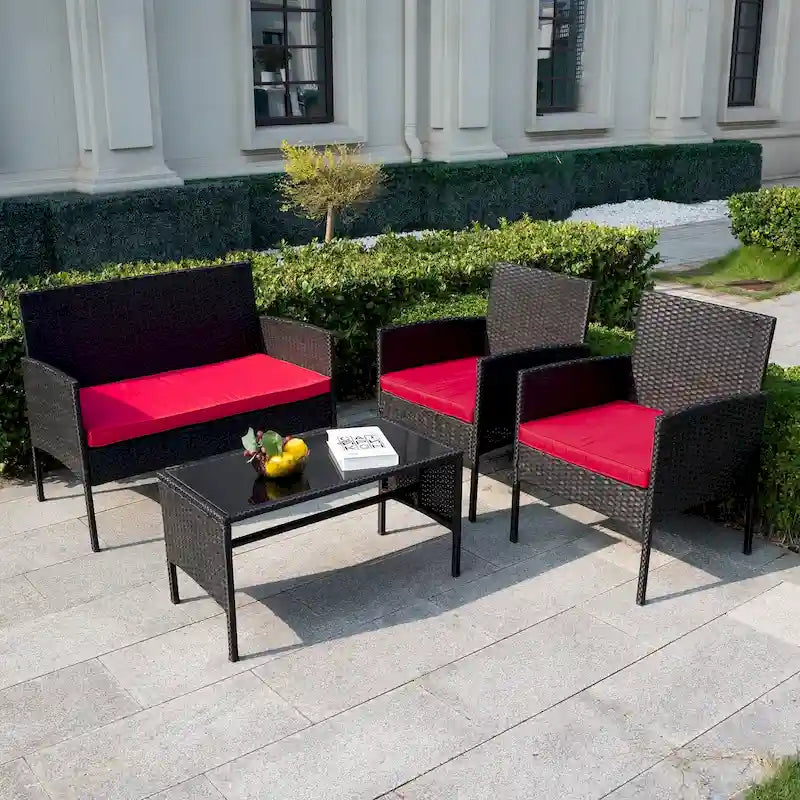 Ensemble de meubles de jardin en osier 4 pièces, salon de jardin en rotin avec coussins pour jardin et terrasse