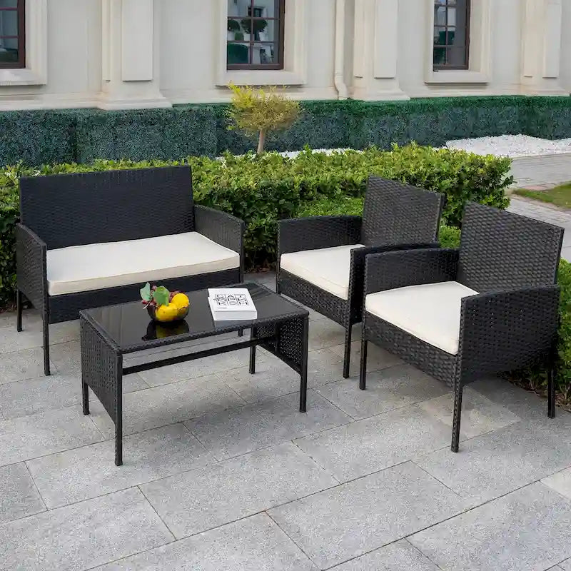 Ensemble de meubles de jardin en osier 4 pièces, salon de jardin en rotin avec coussins pour jardin et terrasse