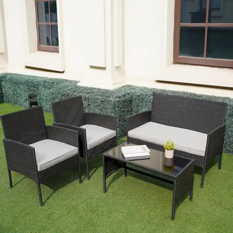 Ensemble de meubles de jardin en osier 4 pièces, salon de jardin en rotin avec coussins pour jardin et terrasse