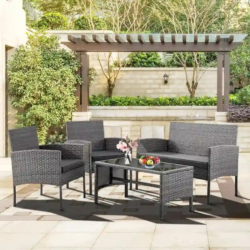 4 Piece Patio Conversation Wicker Furniture Set, Outdoor Rattan Sectional Furniture Set With Cushions for Yard Garden