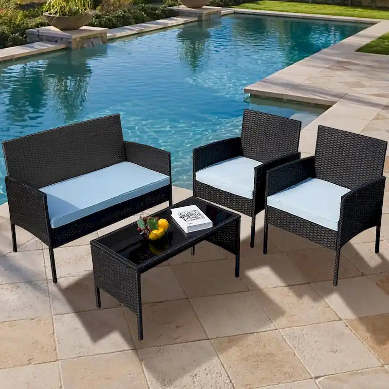 Ensemble de meubles de jardin en osier 4 pièces, salon de jardin en rotin avec coussins pour jardin et terrasse