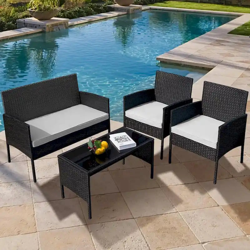 Ensemble de meubles de jardin en osier 4 pièces, salon de jardin en rotin avec coussins pour jardin et terrasse