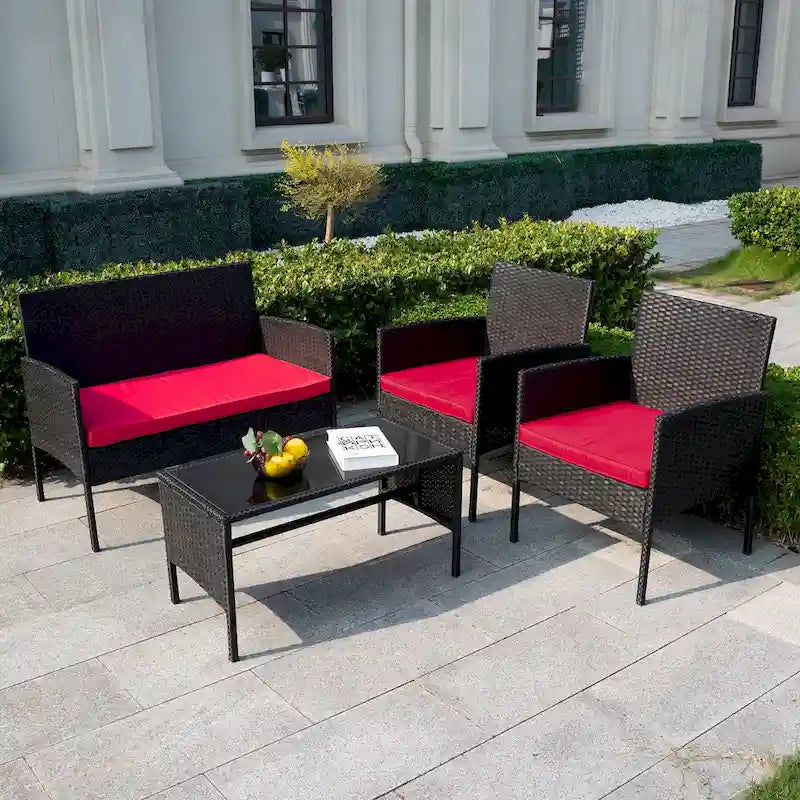 Ensemble de meubles de jardin en osier 4 pièces, salon de jardin en rotin avec coussins pour jardin et terrasse