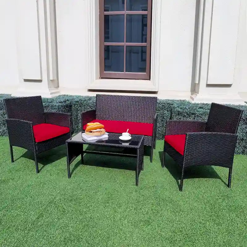 Ensemble de meubles de jardin en osier 4 pièces, salon de jardin en rotin avec coussins pour jardin et terrasse