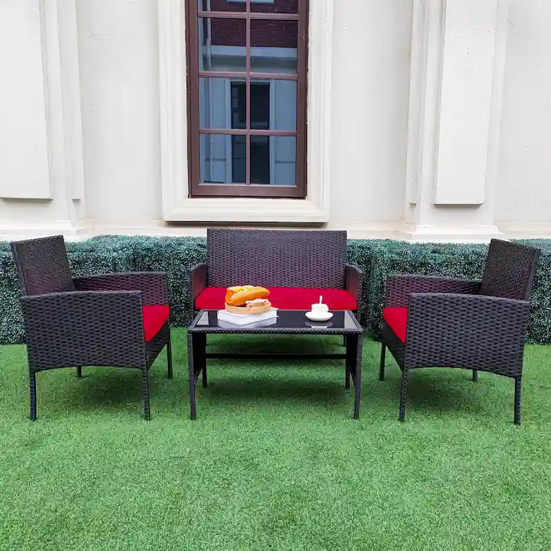 Ensemble de meubles de jardin en osier 4 pièces, salon de jardin en rotin avec coussins pour jardin et terrasse