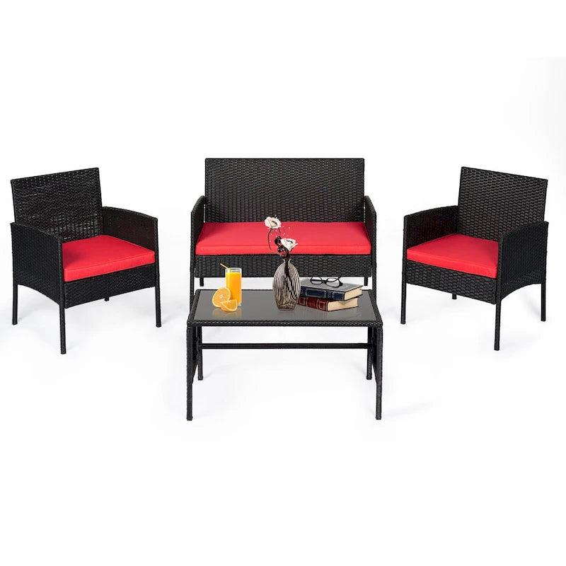 Ensemble de meubles de jardin en osier 4 pièces, salon de jardin en rotin avec coussins pour jardin et terrasse