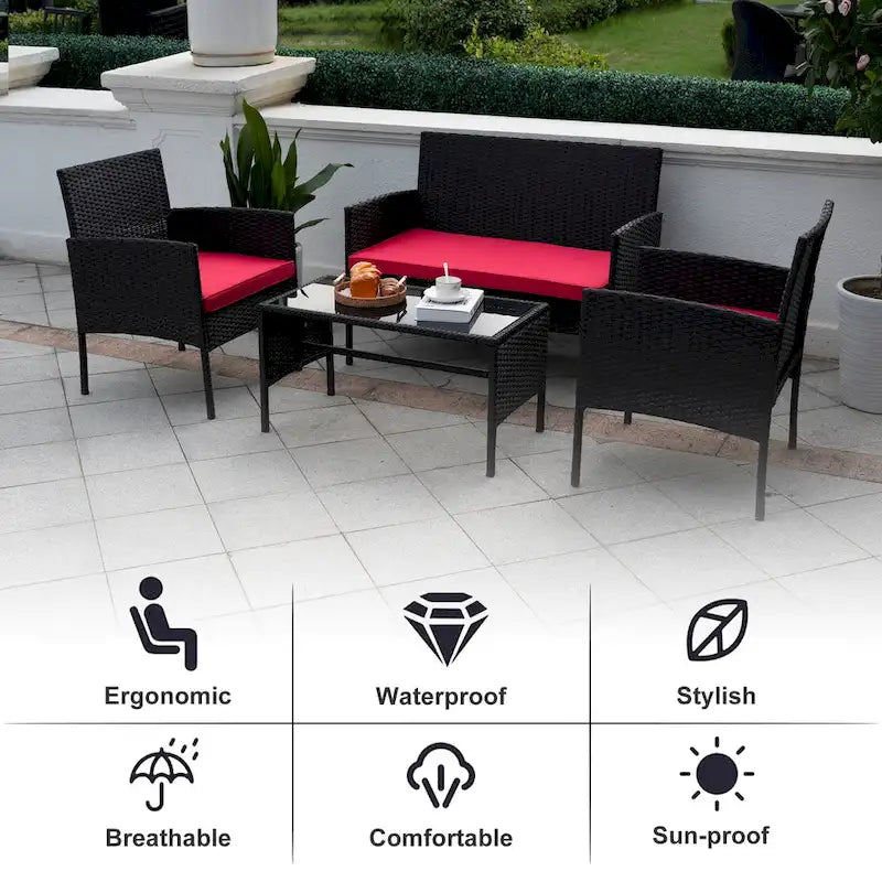 Ensemble de meubles de jardin en osier 4 pièces, salon de jardin en rotin avec coussins pour jardin et terrasse