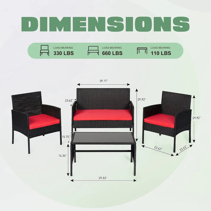 Ensemble de meubles de jardin en osier 4 pièces, salon de jardin en rotin avec coussins pour jardin et terrasse
