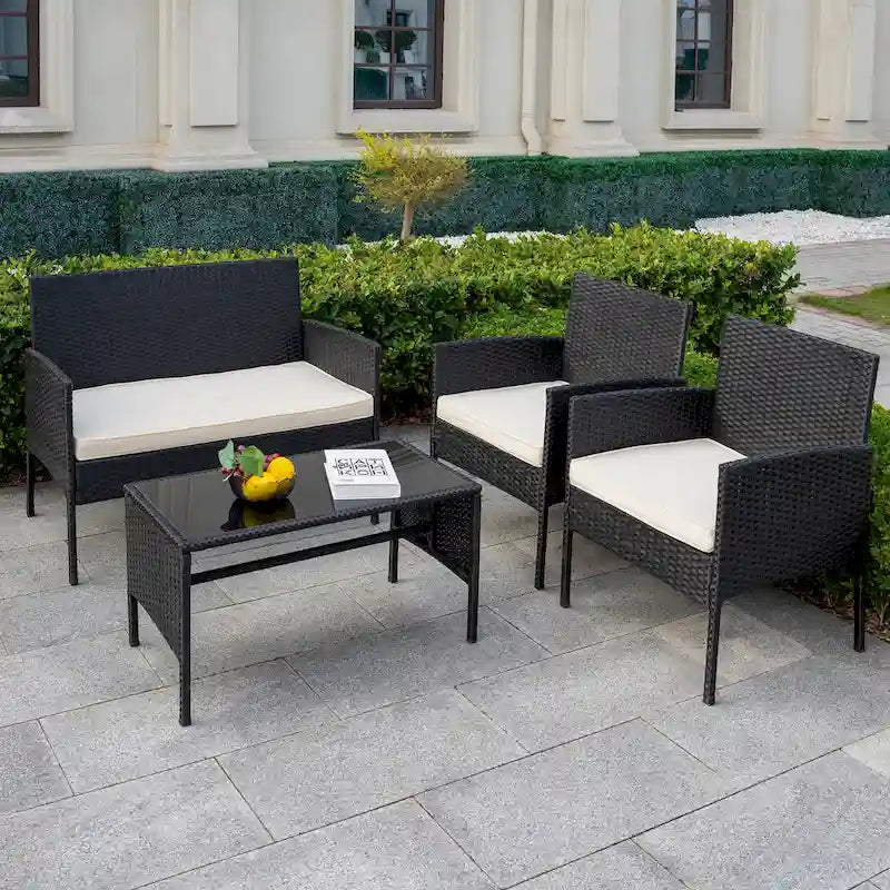 Ensemble de meubles de jardin en osier 4 pièces, salon de jardin en rotin avec coussins pour jardin et terrasse