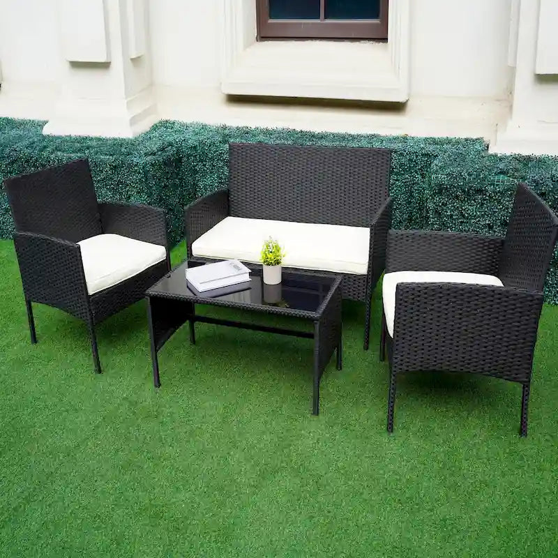 Ensemble de meubles de jardin en osier 4 pièces, salon de jardin en rotin avec coussins pour jardin et terrasse