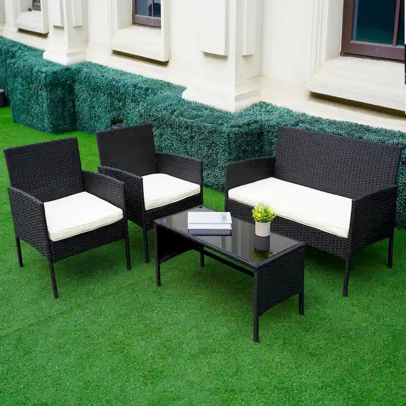 Ensemble de meubles de jardin en osier 4 pièces, salon de jardin en rotin avec coussins pour jardin et terrasse