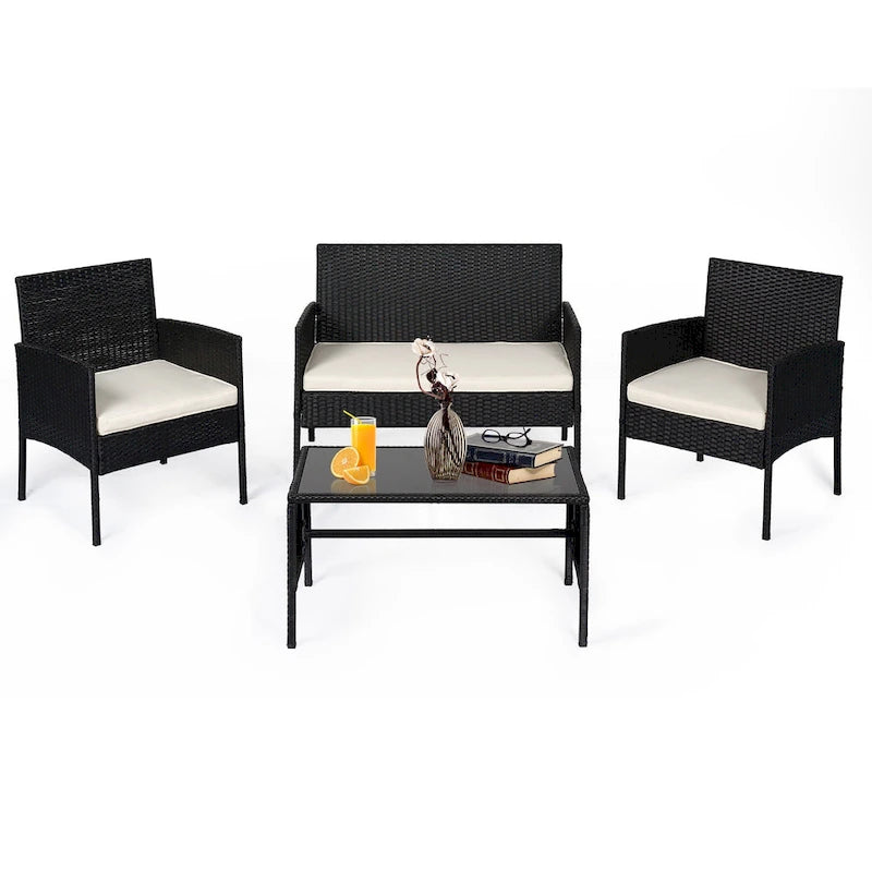 Ensemble de meubles de jardin en osier 4 pièces, salon de jardin en rotin avec coussins pour jardin et terrasse