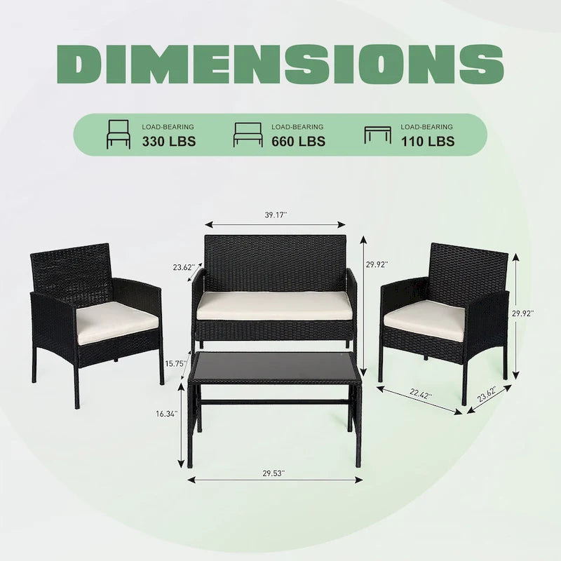 Ensemble de meubles de jardin en osier 4 pièces, salon de jardin en rotin avec coussins pour jardin et terrasse