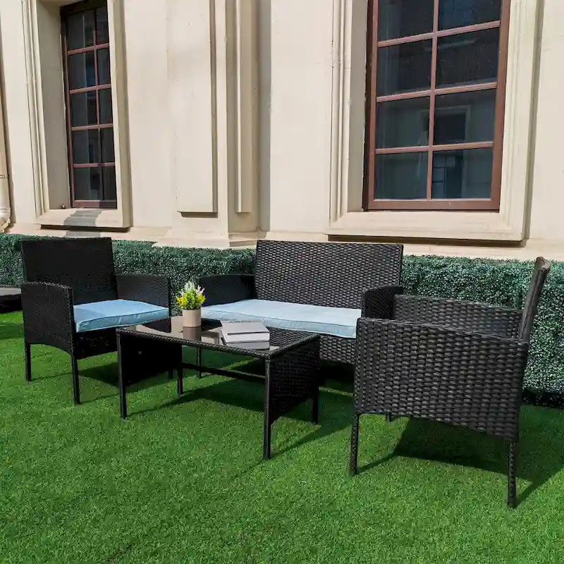 Ensemble de meubles de jardin en osier 4 pièces, salon de jardin en rotin avec coussins pour jardin et terrasse