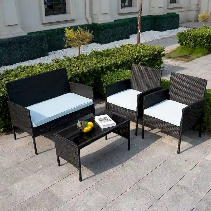 Ensemble de meubles de jardin en osier 4 pièces, salon de jardin en rotin avec coussins pour jardin et terrasse