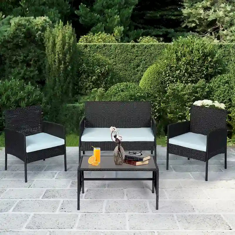 Ensemble de meubles de jardin en osier 4 pièces, salon de jardin en rotin avec coussins pour jardin et terrasse