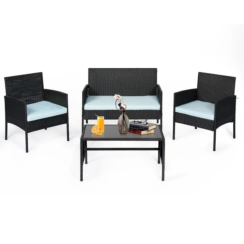 Ensemble de meubles de jardin en osier 4 pièces, salon de jardin en rotin avec coussins pour jardin et terrasse