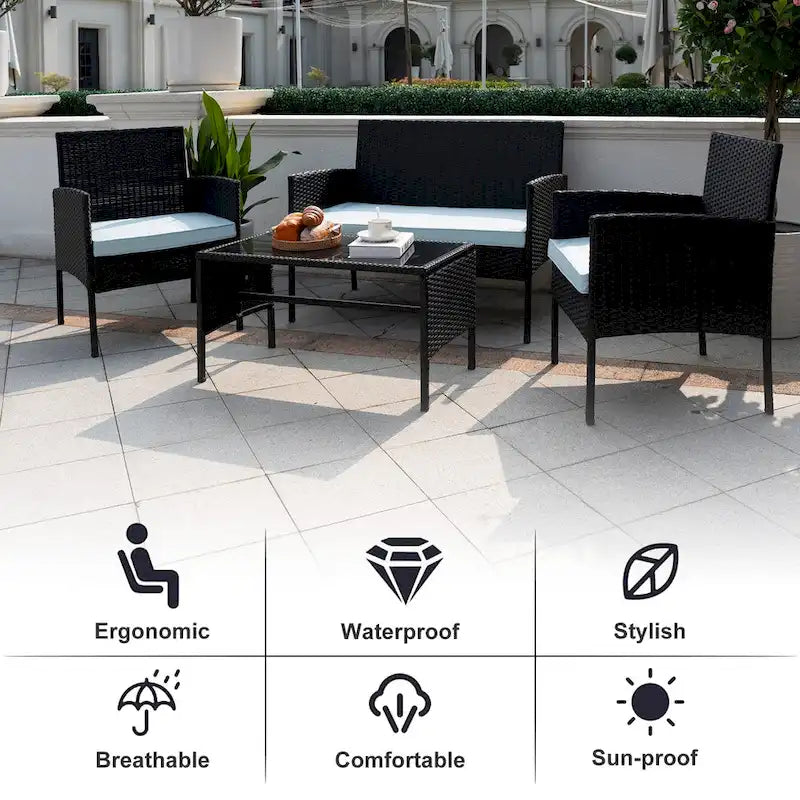 Ensemble de meubles de jardin en osier 4 pièces, salon de jardin en rotin avec coussins pour jardin et terrasse