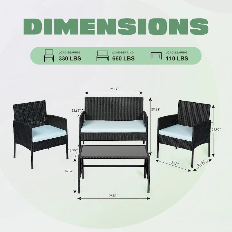 Ensemble de meubles de jardin en osier 4 pièces, salon de jardin en rotin avec coussins pour jardin et terrasse