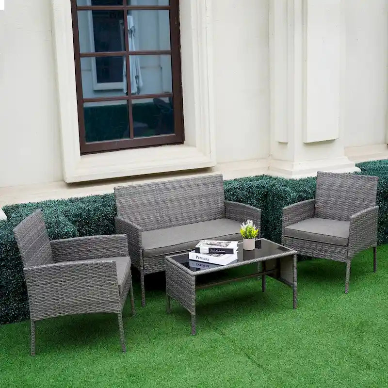 Ensemble de meubles de jardin en osier 4 pièces, salon de jardin en rotin avec coussins pour jardin et terrasse