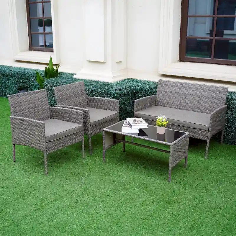 Ensemble de meubles de jardin en osier 4 pièces, salon de jardin en rotin avec coussins pour jardin et terrasse