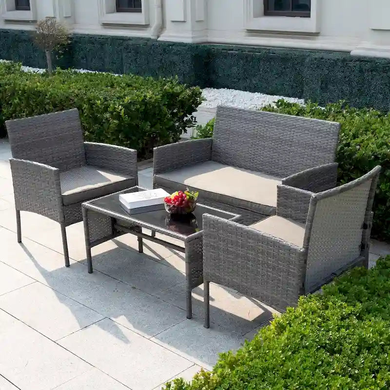 Ensemble de meubles de jardin en osier 4 pièces, salon de jardin en rotin avec coussins pour jardin et terrasse