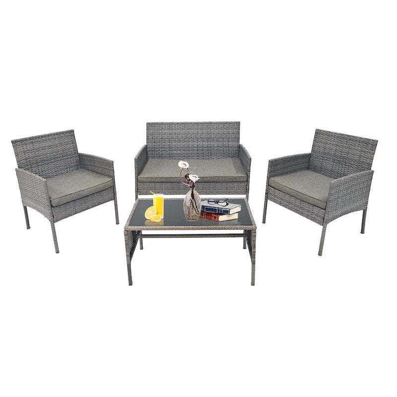 Ensemble de meubles de jardin en osier 4 pièces, salon de jardin en rotin avec coussins pour jardin et terrasse