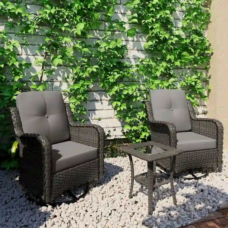 Ensemble Bistro 3 Pièces de Chaises Basculantes Pivotantes en Rotin pour Extérieur