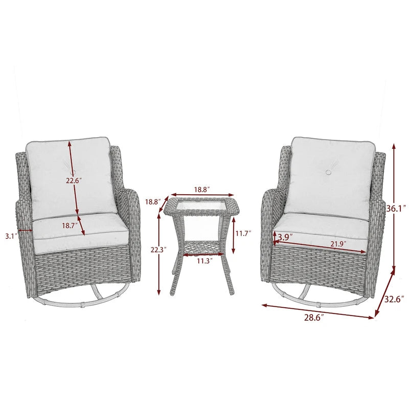Ensemble Bistro 3 Pièces de Chaises Basculantes Pivotantes en Rotin pour Extérieur